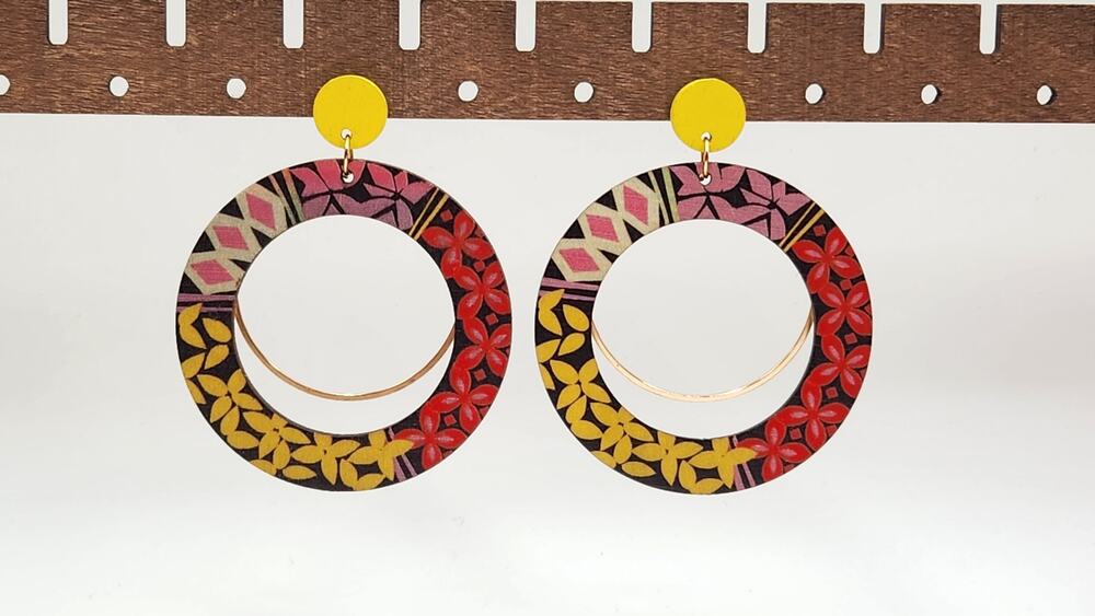 Boho Round Open Hoop Geometric Pattern Mixed Media Wood Statement Earrings